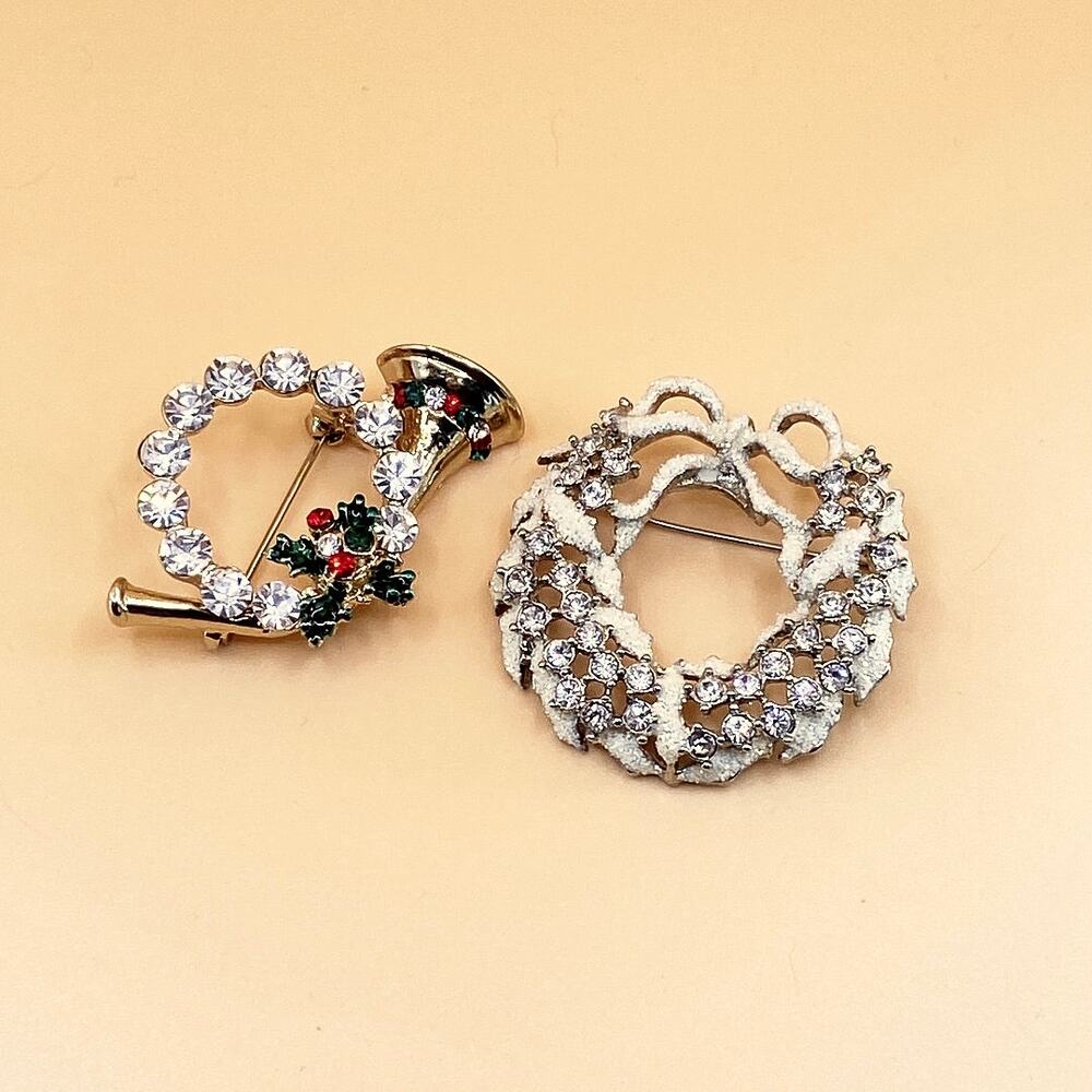 Vintage Christmas Pins Ornaments With Rhinestones Set of Two